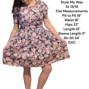 Vintage Cottagecore M/L 80s Floral Puff Sleeve Fit & Flare Midi Dress 13/14